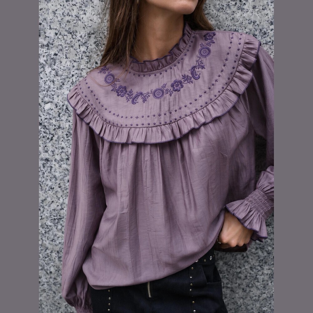 Mauve Purple Floral Pattern Ruffled Yoke Stand Collar Smocked Cuff Blouse